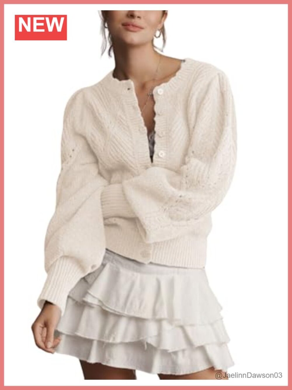 Women Pointelle Knit Lightweight Cardigan Puff Sleeve Scalloped Trim Cropped